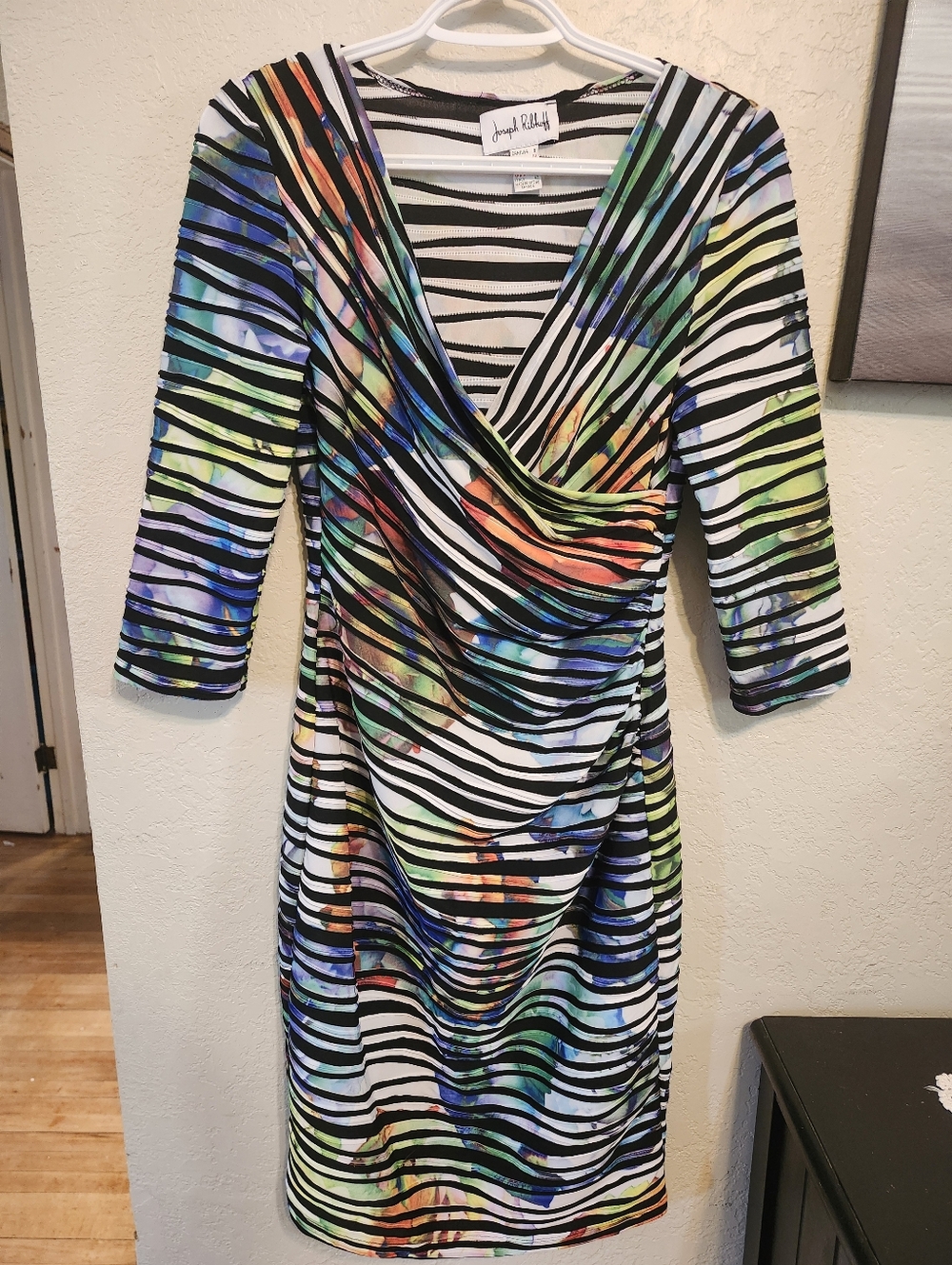Joseph Ribkoff Black and Multicolor Striped Wrap-Style Midi Dress